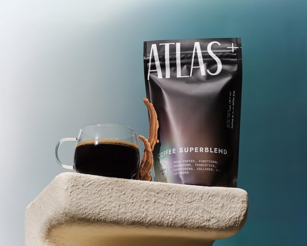 Atlas+ Coffee Superblend– Premium Mushroom Coffee with Collagen, Probiotics, D3 & B12, Lion’s Mane, Reishi, Cordyceps– for Energy, Focus, Immunity & Gut Health– 56 Servings (2 Bags)