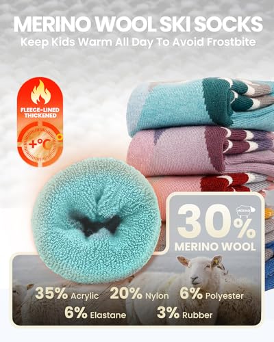 OutdoorMaster Merino Wool Ski Socks for Kids, Boys & Girls, Thermal Winter Warm Snowboarding Socks for Cold Weather