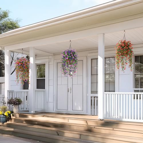 Artificial Fake Hanging Flowers Plants for Outdoor Spring Decoration,2 PCS Faux Silk Daisy with Eucalyptus Leaves,UV Resis...