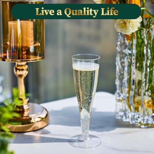 FOCUSLINE 100 Pack 4.5 Oz Plastic Champagne Flutes, Clear Plastic Champagne Glasses, Disposable Toasting Glasses Recyclabl...