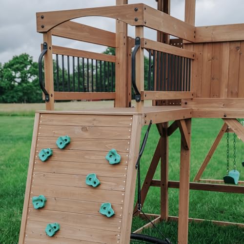 Backyard Discovery Sterling Point Cedar Wood Swing Set with Wave Slide, Raised Clubhouse, Wooden Bridge, Rock Wall, Belt S...