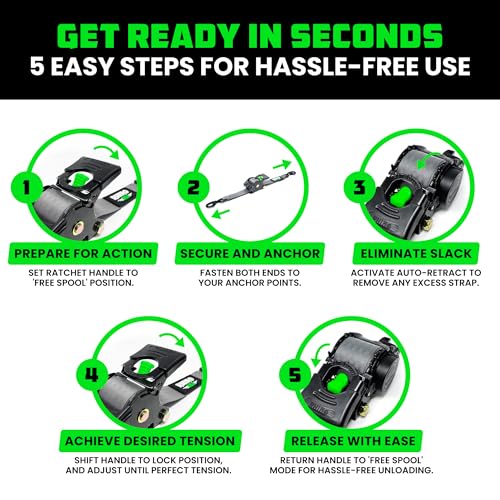 Rhino USA Retractable Ratchet Straps (2-Pack) - 2 Inch x 10 Feet (3,033lb Break Strength) - Heavy Duty Auto Self Retractin...