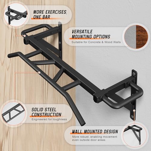 Jusgym Heavy Duty Pull Up Bar with 14 Grip Positions, Strength Training Pull-Up Bars for Home Gym, Wall Mounted, Joist Mou...