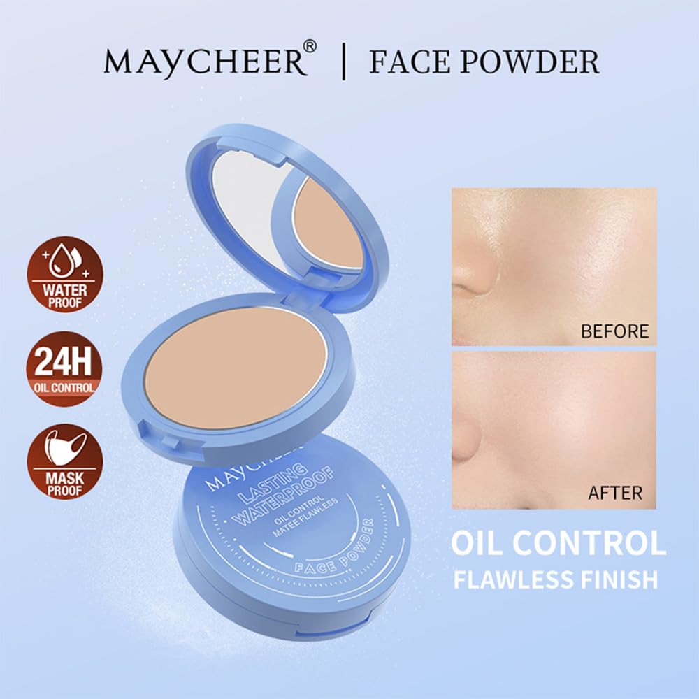 LAMUSELAND Pressed Powder Compact, Oil Control Brighten Skin 3 Color Face Powder, Whitening Highlighting Face Makeup Tools for Women Girls (JG04)
