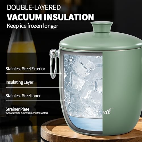 Ice Bucket - 3L Large Ice Bucket for Parties & Cocktail Bar, Stainless Steel Ice Cooler with Lid & Tongs, Retro Style Ice ...
