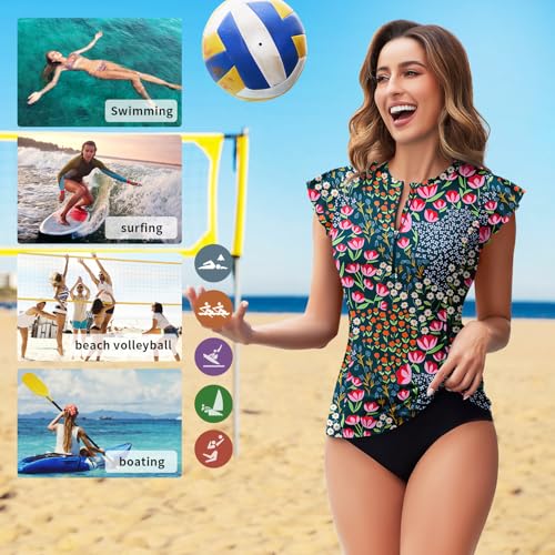 Soneven Women's Swim Shirt UPF 50+ Ruffle Sleeve Rash Guard UV Sun Protection Swimsuit Top Bathing Suit No Bottom