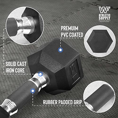 WF Athletic Supply Rubber Encased Hex Dumbbells with Rubber Grip Contoured Handle for Muscle Toning, Strength Building & F...