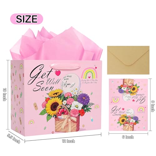 NIUBEHOHO Get Well Soon Gift Bag - Large Pink Flowers Gift Bag for Women Men with Wrapping Tissue Paper Self Care Card Aft...