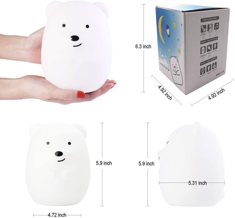 Tekemai Night Light for Kids, Multicolor Bedside Lamp, Remote Control, Large Bear, Silicone, Adjustable Brightness, White, Model TC851-8
