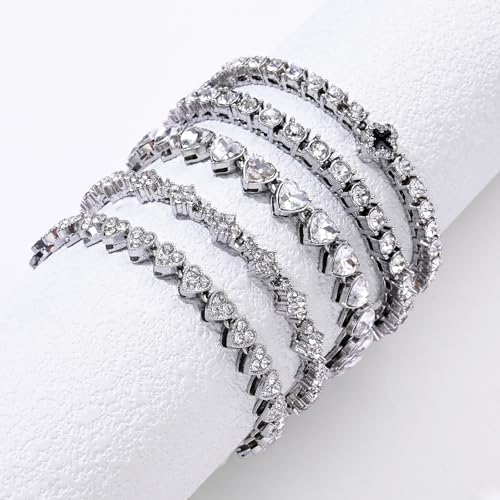 5PCS Diamond Tennis Chain Bracelet Set for Women ,Gold/Silver Plated Bangle Cuff Heart Shape Floral Clover Cross Charms Si...