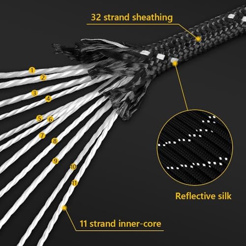 750Ib Reflective Paracord Rope,100' 200' 500' 1000', 4mm 11 Strand Parachute Spool Cord with Collecting Bag, para Cord Lan...