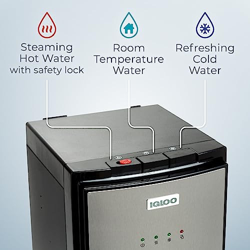 Igloo Bottom Loading Water Cooler – Hot, Cold, & Room Temperature Dispenser – Stainless Steel, Holds 3 & 5 Gallon Jugs, Ch...