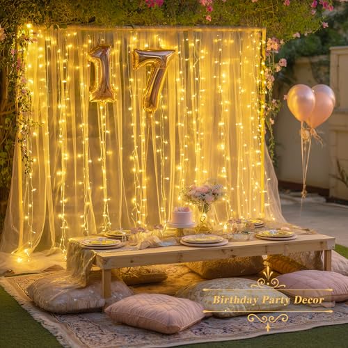 JMEXSUSS 200 LED Christmas Curtain Lights Battery Operated & USB Plug in, 8 Modes Warm White Curtain String Lights for Bac...