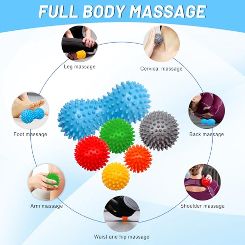 6-Pack Spiky Massage Balls Set, Hard/Medium/Soft Textured Muscle Roller Balls for Plantar Fasciitis Relief, Myofascial Rel...