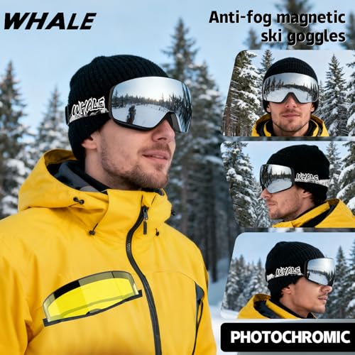Whale Professional Ski Goggles Unisex Adult Snow Goggles Interchangeable Magnetic Replacement Lenses&Anti-Fog, Anti-UV400