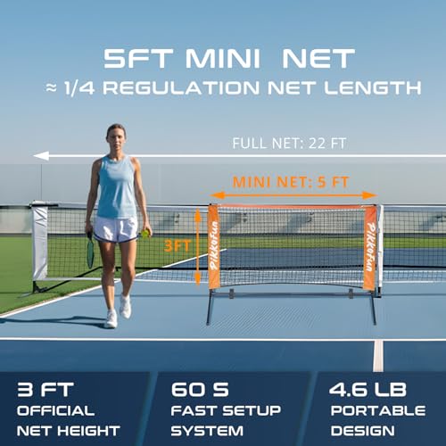 PIKKOFUN Mini Pickleball Net (5 FT Wide), Small Portable Dink Practice Net for Indoor & Outdoor, 60-Second Tool-Free Setu...