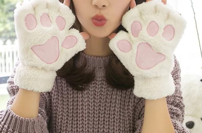 Furry Cat Paw Gloves Winter Fluffy Plush Fingerless Mittens for Women & Teen Girls Cute Cartoon Kawaii Accessories (White,One Size)