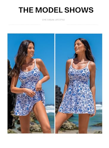 Aleumdr Women's One Piece Swimsuit Floral Print Whip Stitch Tummy Control Swimdress Skirt Bathing Suit with Pocket
