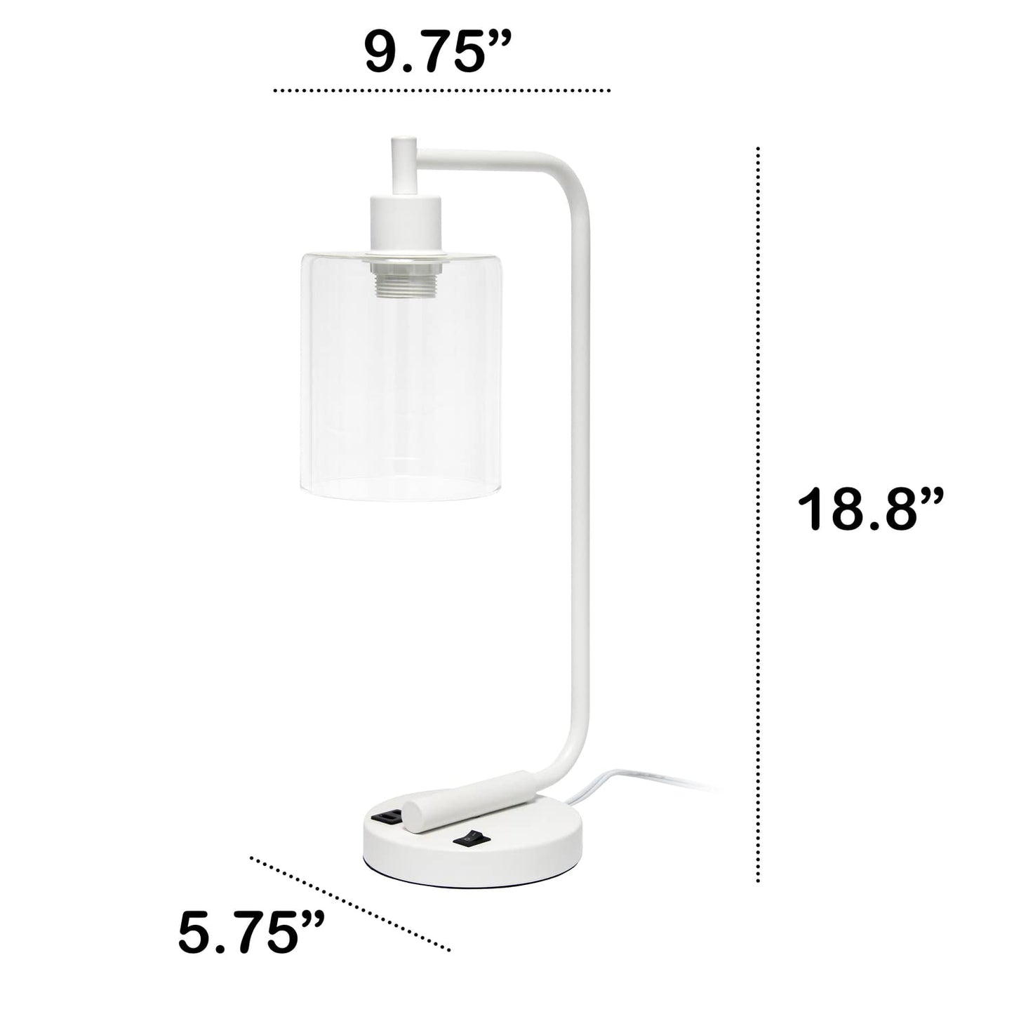 LALIA HOME Modern Iron Desk Lamp with USB Port, Glass Shade, 9.75inL x 5.75inW x 18.8inH, White, Model LHD-2002-W
