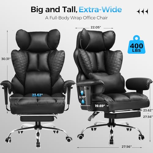 COMHOMA Big and Tall Office Chair 400LBS Wide Ergonomic Gaming Chair with Deluxe Embossing Leather with Foot Rest 150°Recl...