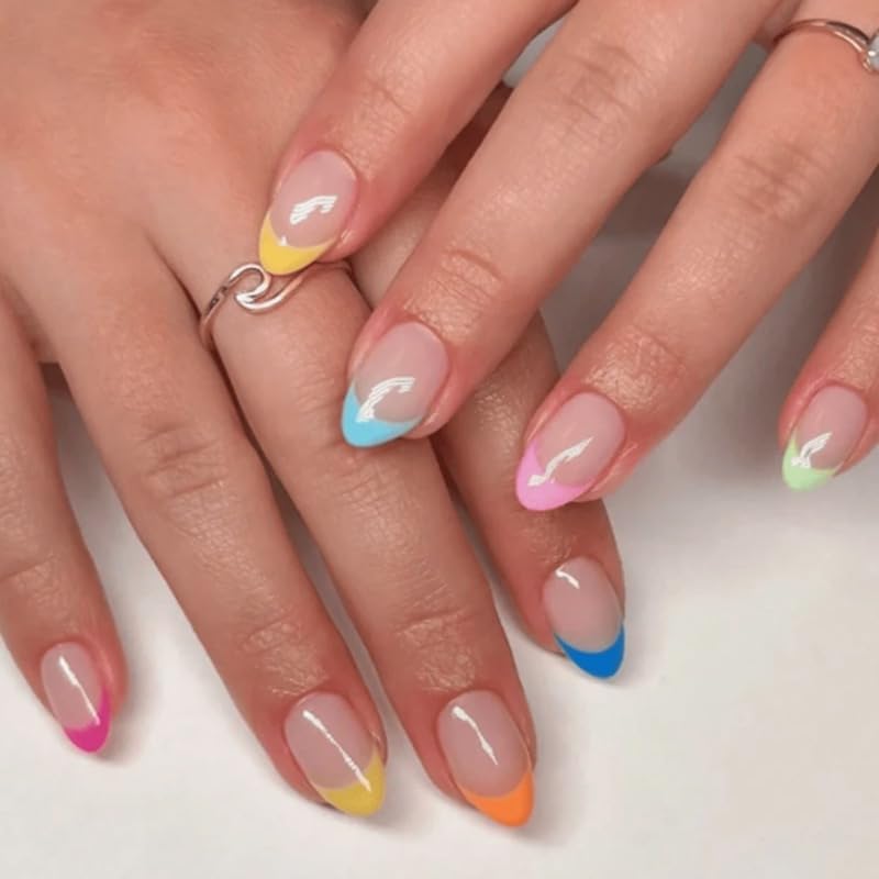 MRSCOL Press on Nails-Rainbow French,Press on Nails Almond,Press on Nails Short Reusable 30pcs Nail Kit with Glue