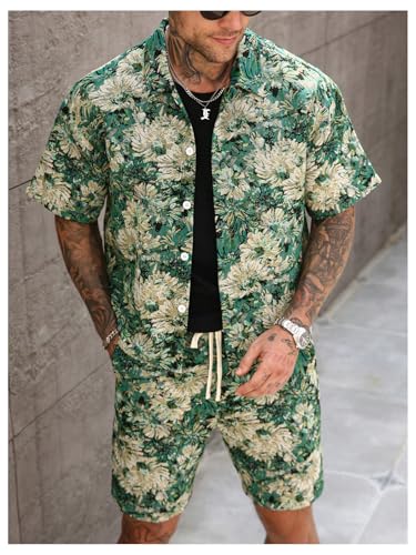 RoseSeek Men's 2 Piece Vacation Beach Outfits Floral Short Sleeve Button Down Shirt and Shorts Summer Clothing Set