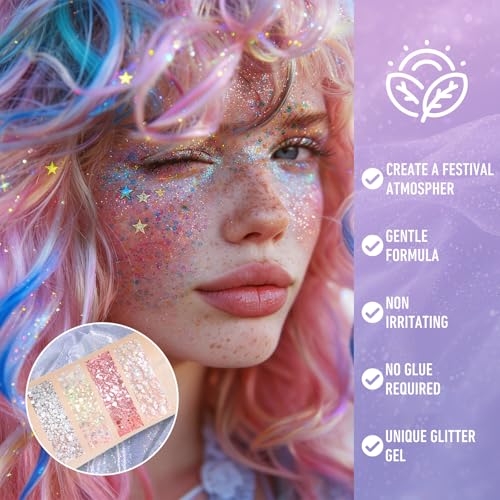 LYNEMOGA Body Glitter Stick, Mermaid Face Body Glitter Stick for Women Girls, Chunky Sequins Hair Glitter Gel Makeup for L...