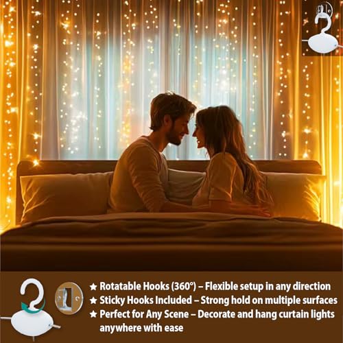 SINAMER Warm White Curtain Light for Bedroom, 300 LED 9.8ft x 9.8ft Window Fairy Curtain String Light with 16 Hooks, 8 Mod...