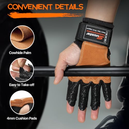 SueStar Workout Gloves, Heavy Duty Cowhide Padded Weight Lifting Gloves with Wrist Support, Full Palm Protection & Silicon...