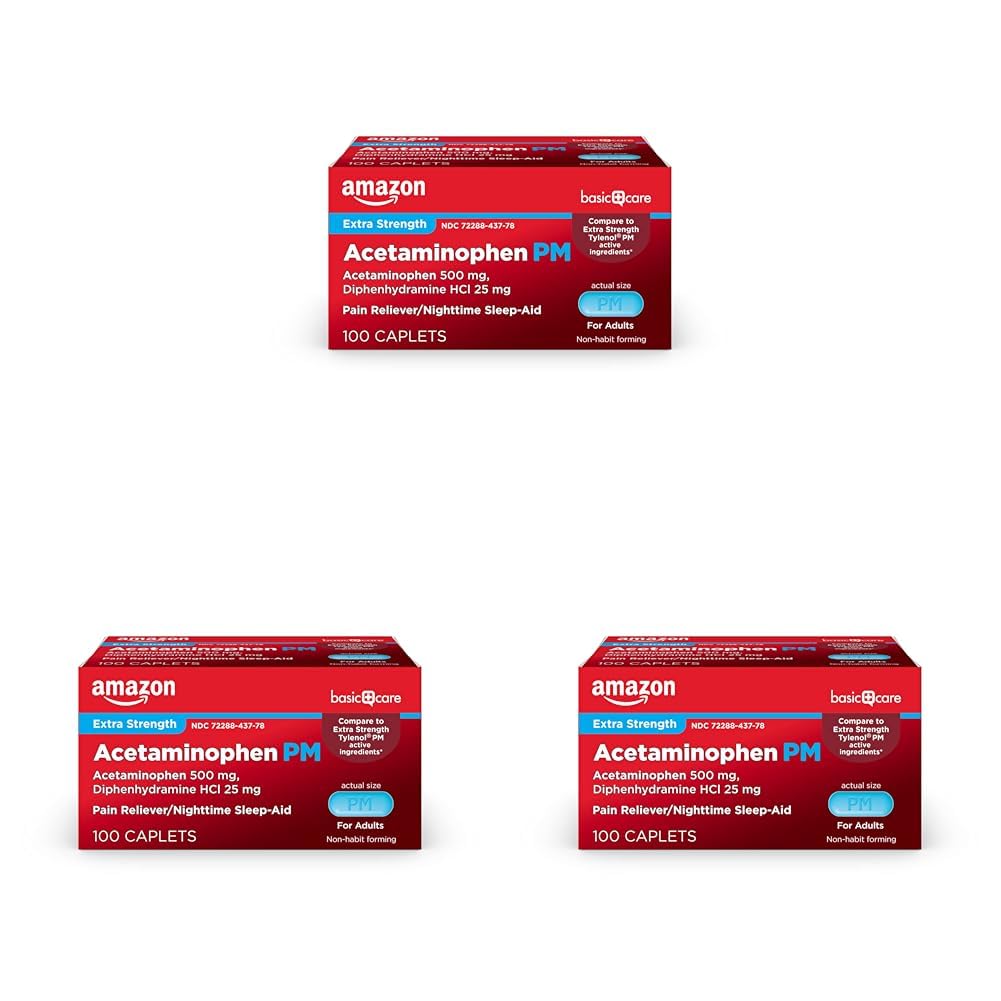 Amazon Basic Care Acetaminophen PM Caplets, Pain Reliever Plus Nighttime Sleep Aid, Extra Strength, Helps Occasional Minor Aches, Pains and Headache Relief, 100 Count, Packaging May Vary (Pack of 3)
