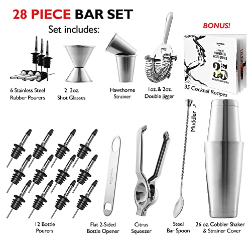 JoyTable Bar Set Cocktail Shaker Set, Stainless Steel Mixology Bartender Kit, 28PC Cocktail Kit, Silver Cocktail Set, Bar ...