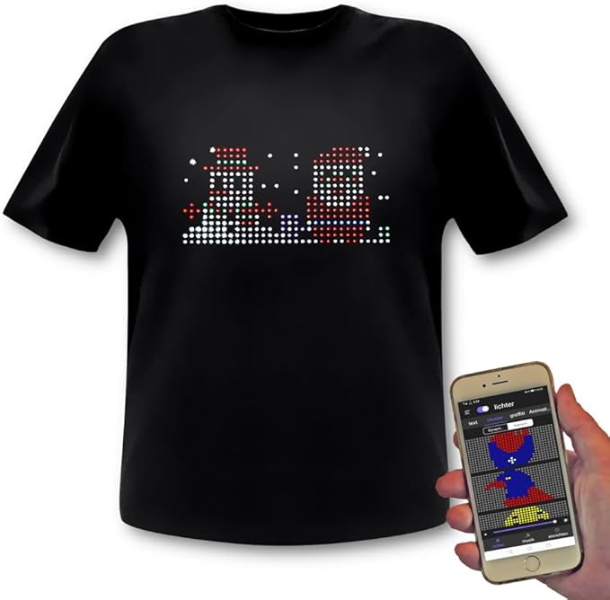 LED t-Shirt with Freely programmable Texts, Graphics & animations Control via Smartphone RGB Display with 512 Pixels