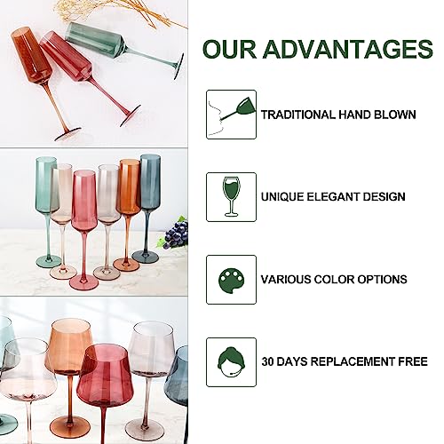 Colored Champagne Flutes Set of 6, Large 8 Oz Hand Blown Crystal Glasses, Lead-Free Colorful Glasses, Italian Style Tall S...