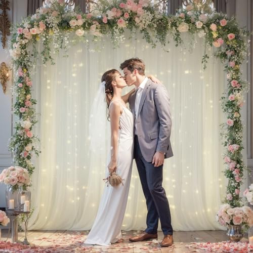 10x10ft Ivory Tulle Backdrop Curtain with Lights String for Parites, Sheer Backdrop Curtains for Wedding Baby Shower Birth...