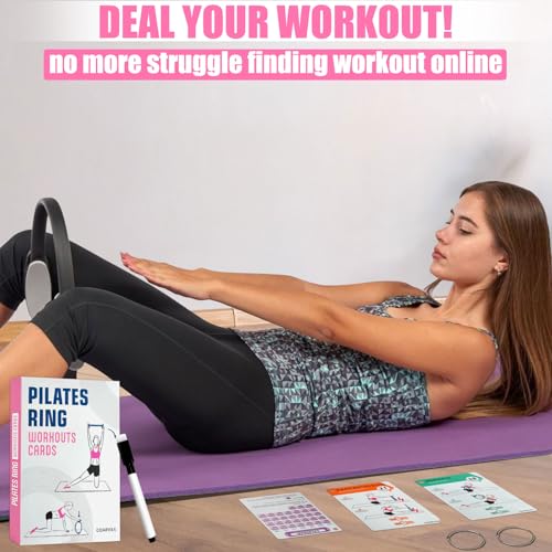 COARVXA Pilates Ring Workouts for Women-58 Exercise Cards with Pilates Mat Workout Postures，ncludes 4-Week Challenge,2 Rin...