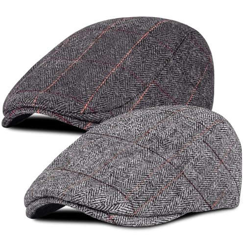 Senker Fashion 2 Pack Newsboy Cap for Men Adjustable Herringbone Tweed Wool Hats Blend Flat Cap Ivy Cabbie Driving Hat