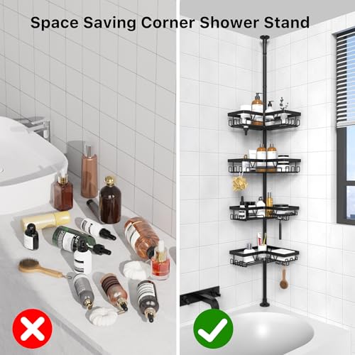 KEGII Corner Shower Caddy Tension Pole - Shower Tension Rod Organizer, Floor to Ceiling Shower Caddy 25-114.2 inch, Towel ...
