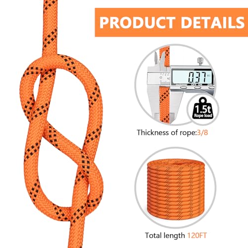 X XBEN Braided Polyester Arborist Rope 3/8 inch X 120ft, 48 Strands, 3430 LBS Breaking Strength Outdoor Rope, Arborist Rig...