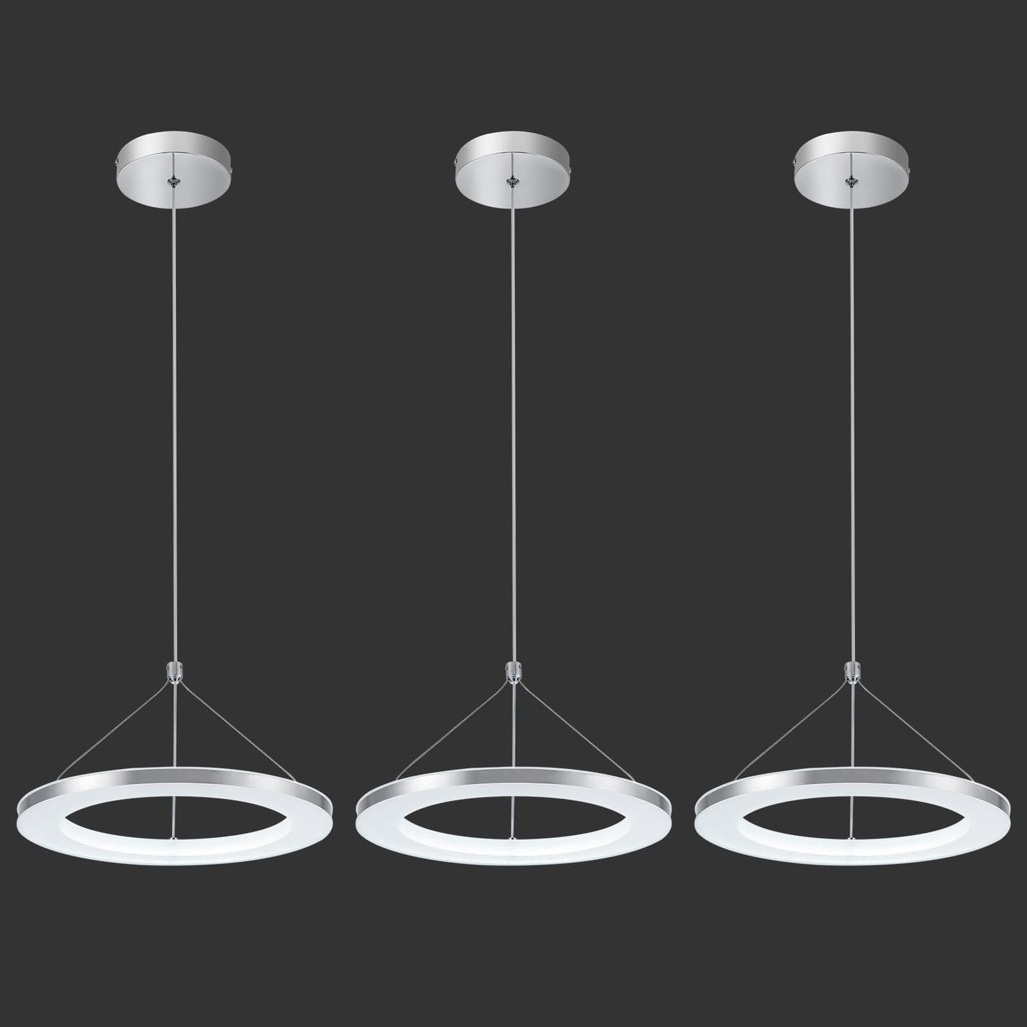 CHYING 3 Pack LED Pendant Lights, Adjustable Height Silver Chandelier, 11.8in Cool White 6500K, Model DD-004-300W-new-3