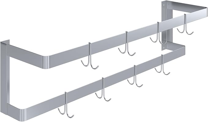 AmGood 48 in. Wall-Mounted Stainless Steel Double-Line Pot Rack. Includes 8 double pring hooks