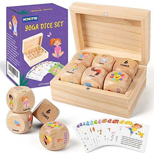 Homotte Wooden Yoga Dice Set for Kids, Fun Workout Game with 6 Exercise Dice, 12 Yoga Cards & A Box, Mindfulness Valentine...