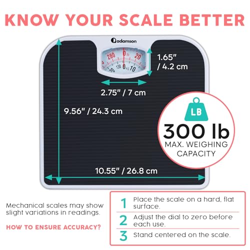Adamson A21 Analog Scales for Body Weight - Up to 300 LB - New - Anti-Skid Rubber Surface + Large Numbers - Analog Bathroo...