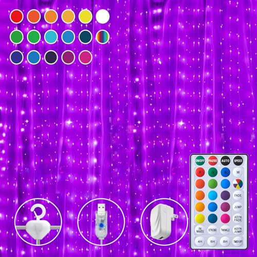 16 Colors Changing Curtain Lights - 250 LED 9.8 X 8.8 FT Fairy String, 7 Modes Twinkle with Remote, Backdrop Wall Hanging ...