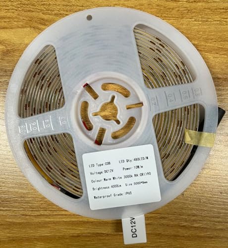Topai 12V Cob Led Strip Light, Warm White, 16.4Ft, Ip65 Waterproof, 480 Leds/M, Model Cobw1-480, High Density For Diy Projects