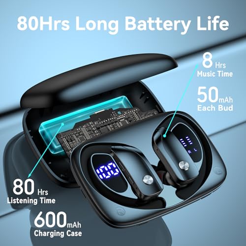 bmani Ear Buds Wireless Earbuds Bluetooth Headphones with 80H Playtime LED Display Case, Over-Ear Hook with Mic, Stereo So...