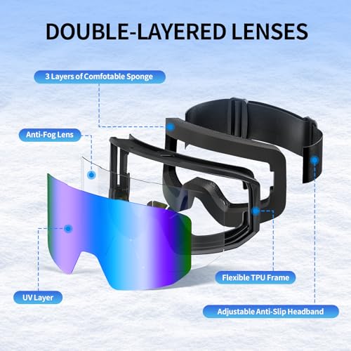 YLKJSWIM Ski Goggles for Men Women, OTG Snow Goggles, UV Protection Snowboard Goggles for Adult & Youth, Snowmobile, Sledding