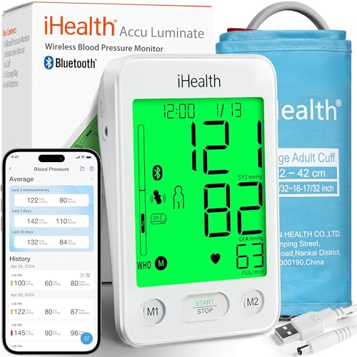 iHealth Accu Luminate Blood Pressure Monitor – 4.5" Tri-Color WHO-Based LCD(White), Clinically Accurate, Irregular Heartbe...