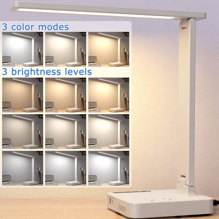 cozoo LED Desk Lamp with USB Charging Ports, 2 AC Outlets, 9 Lighting Modes, White