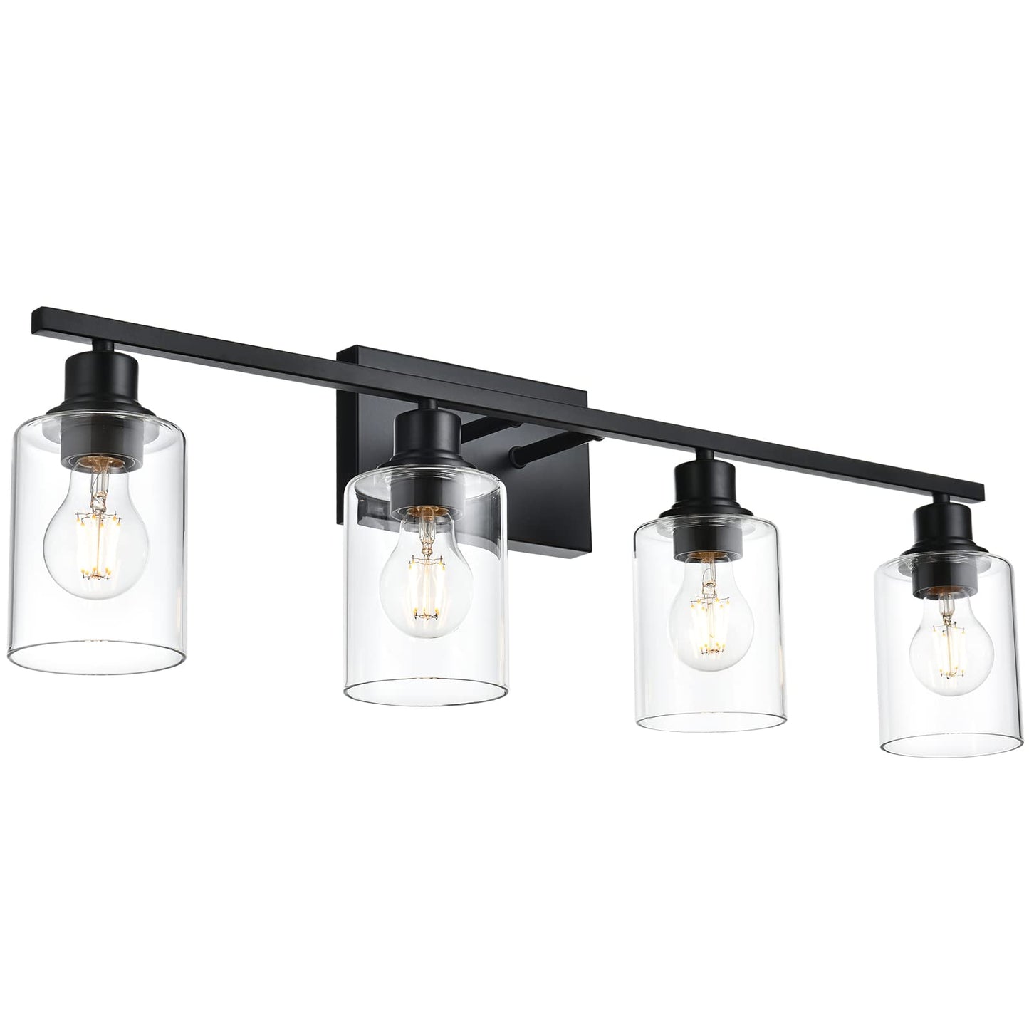 Vinluz 4-Lights Black Bathroom Vanity Light Fixtures With Clear Cylinder Glass Shade Industrial Metal Wall Mounted Lighting Over Mirror