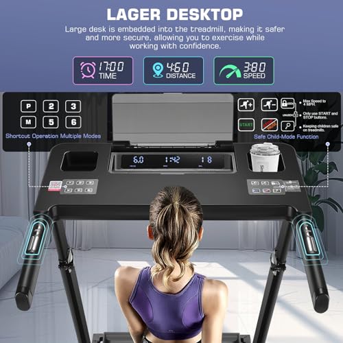 Treadmill with Desk Workstation & Adjustable Height, 450 lbs Weight Capacity, Folding Treadmill with 5%/15% Incline, Bluet...